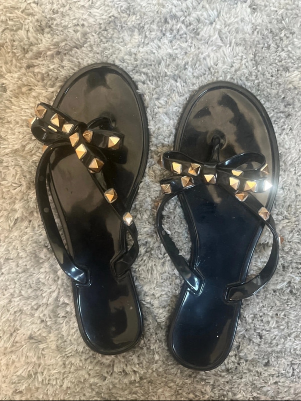 Women's Black Jelly Sandals with Gold Pyramid Studs